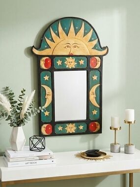 Vintage Hand-Painted Celestial Mirror – Sun, Moon & Stars (24")